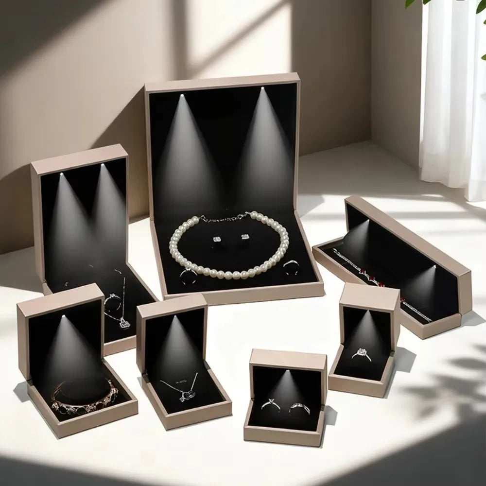 Luxury LED Jewelry Box Gold PU Leather Ring & Necklace Organizer