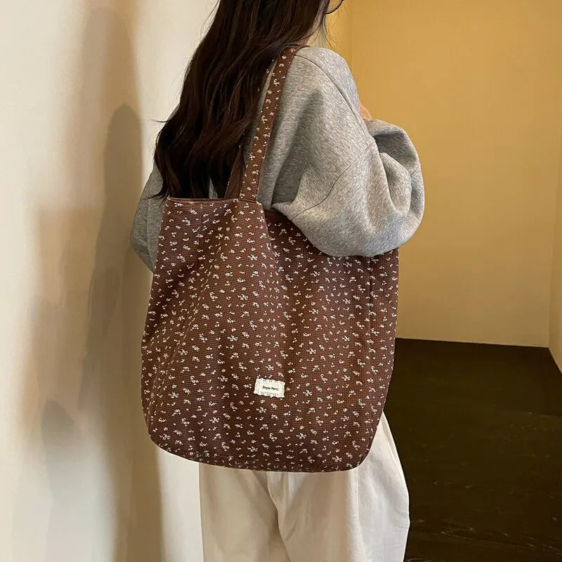 Korean Floral Canvas Tote Bag – Women's Spacious Shoulder Bag