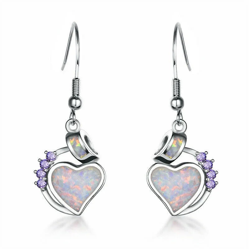 White Simulated Opal Heart Stud Earrings | Rhinestone Drop