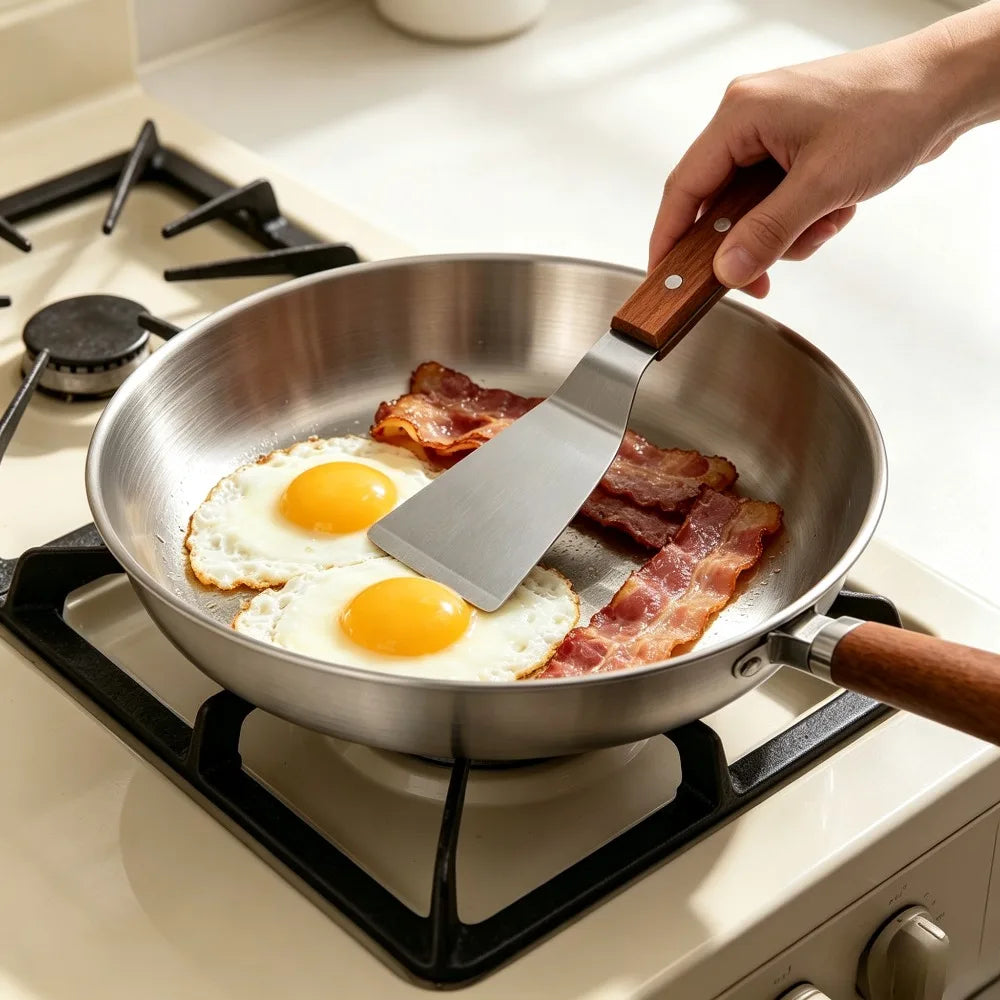 Nonstick Stainless Steel Frying Pan & Spatula Set | Wooden Handle