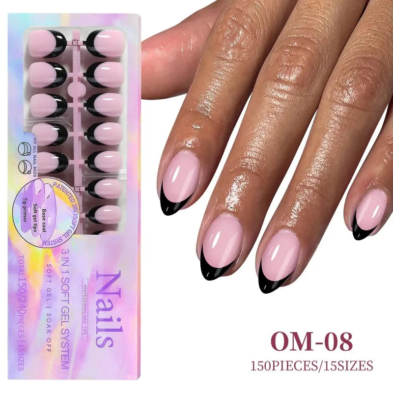 Black Pink French Tip Press On Nails with Rhinestones 24pcs