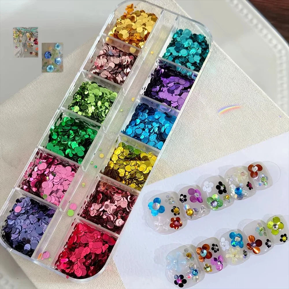 3D Flower Nail Glitter Sequins 12 Grids – Retro Nail Art Charms