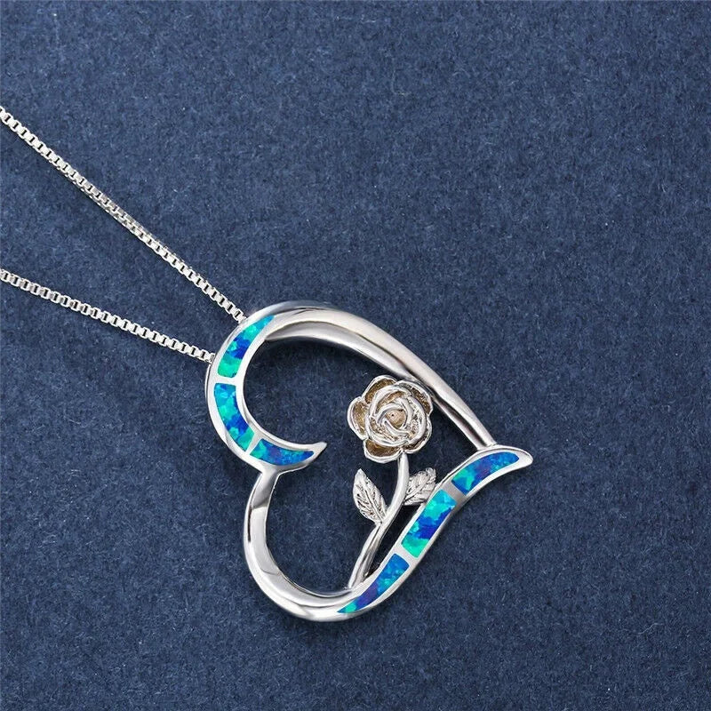 Women's Simulated Opal Rose Flower Heart Pendant Necklace