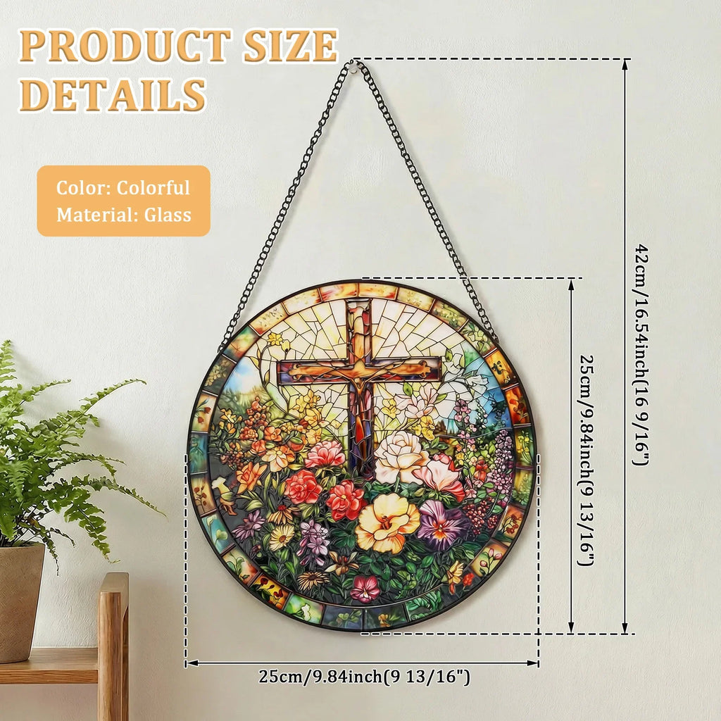 Stained Glass Cross Suncatcher 9.84" – Window Hanging Decor