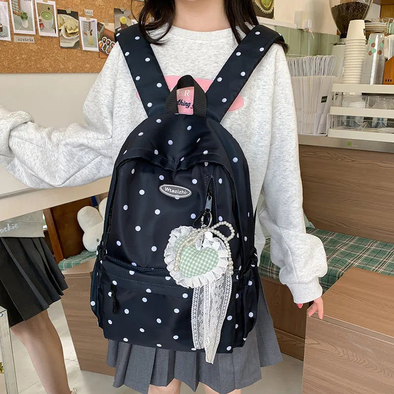 Korean Polka Dot Backpack – Cute Bow Lace Large School Bag