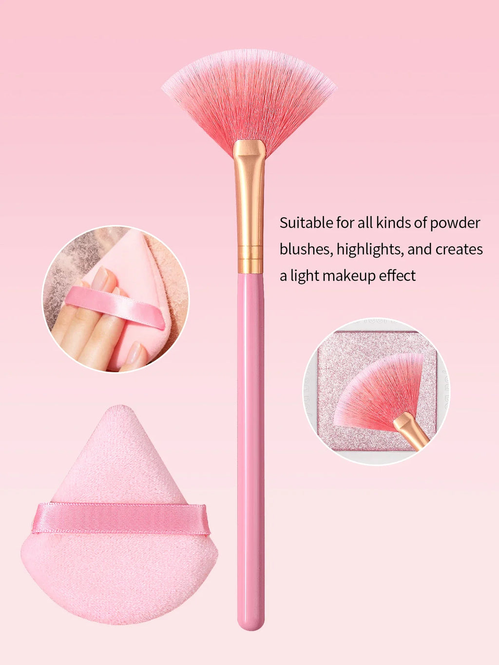 Nixie Pink Fan Brush Set – Highlighter, Blush & Sponge