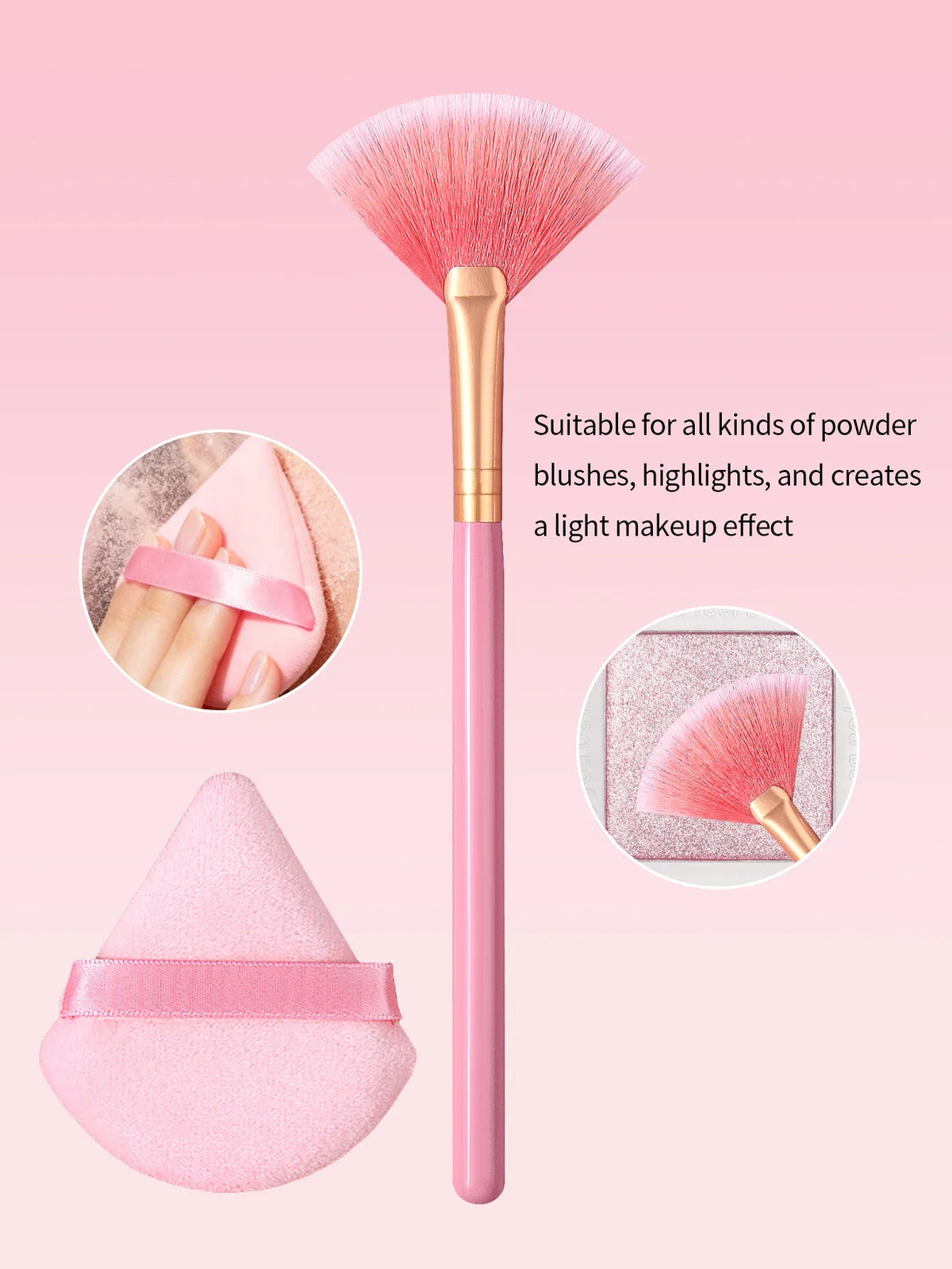 Nixie Pink Fan Brush Set – Highlighter, Blush & Sponge