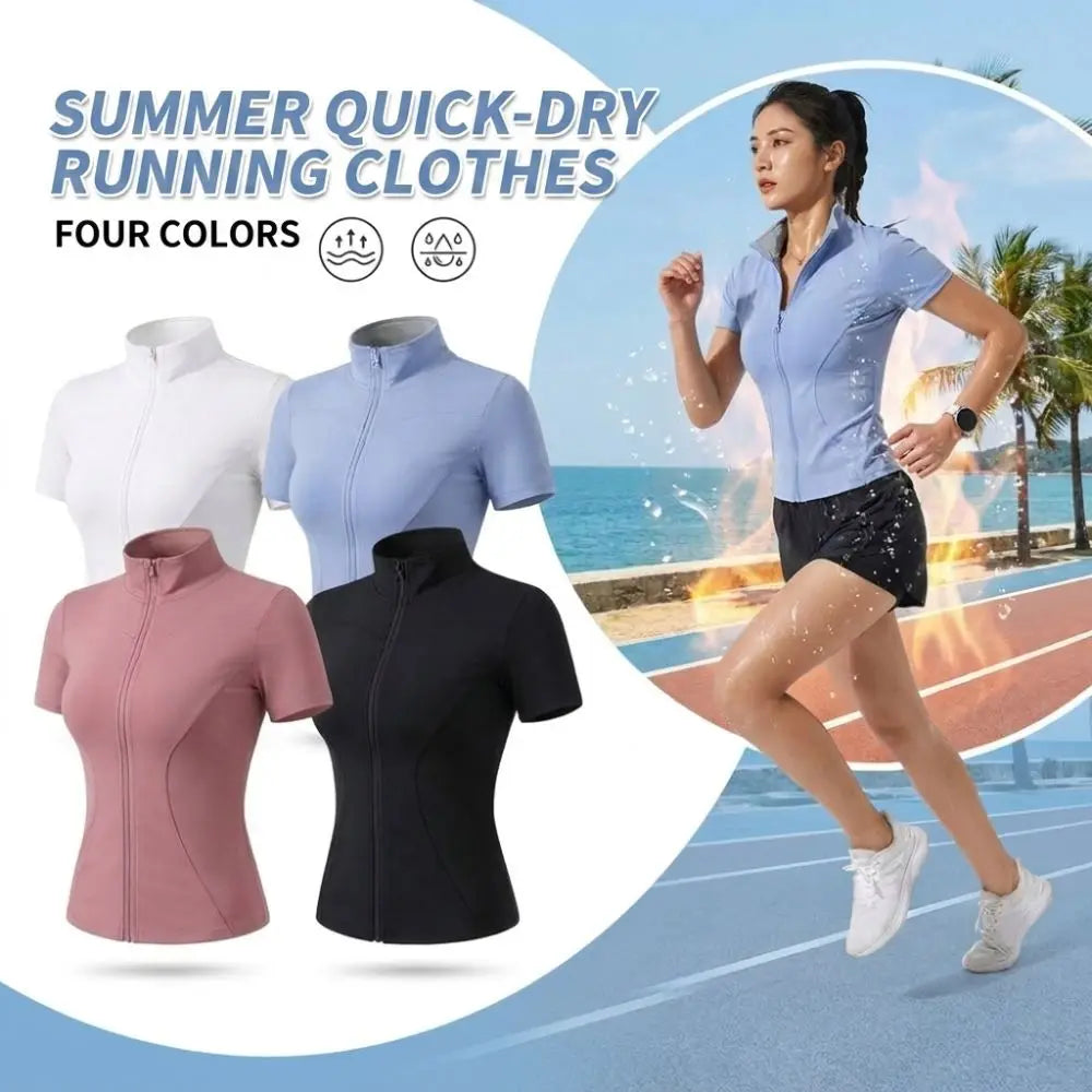 Women's Slim Fit Zip Front Short Sleeve Sports Workout Top