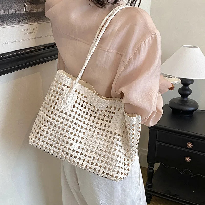 Woven Hollow-Out Tote Bag for Women | Large Capacity