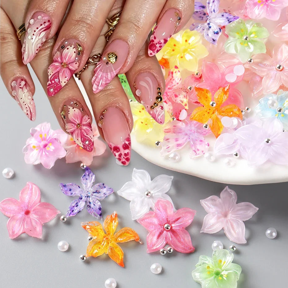 Resin Flower Nail Charms Camellia Sakura Pearl – 30/50pc Set