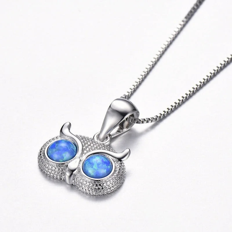 Women's Silver Blue Simulated Opal Owl Pendant Necklace