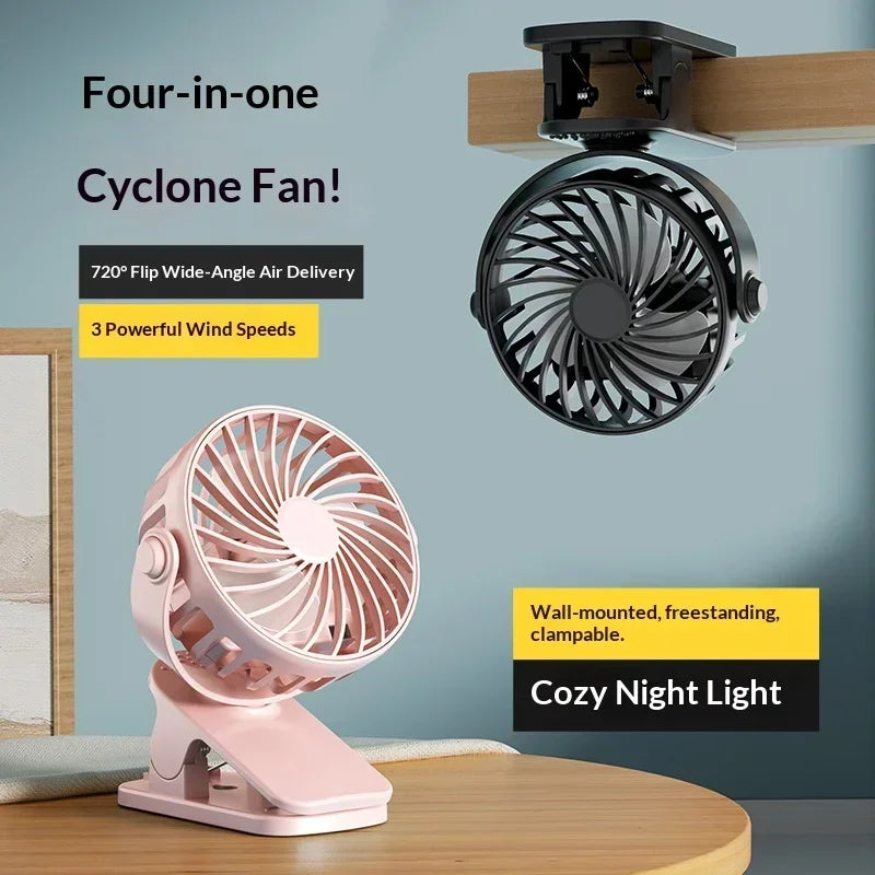 Mini Clip Fan 720° Rotatable USB Rechargeable + Night Light
