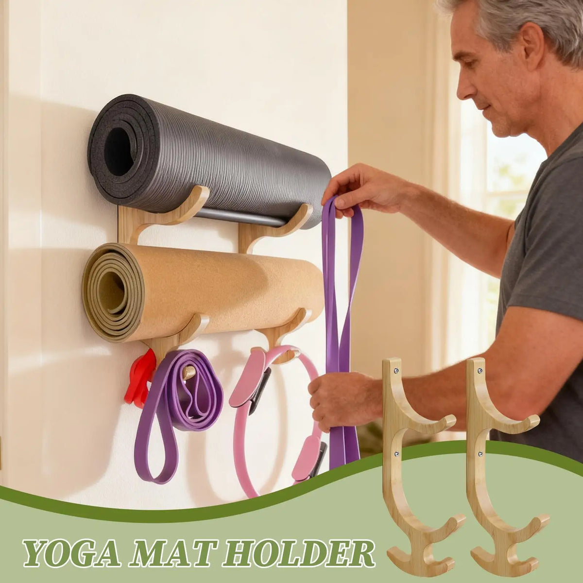 Wooden Wall Mount Yoga Mat Holder & Gym Organizer Rack