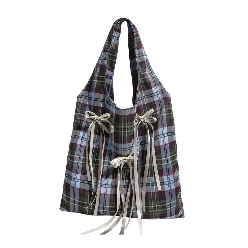 Korean Academia Plaid Bow Tote Bag – Large Canvas Shoulder Bag