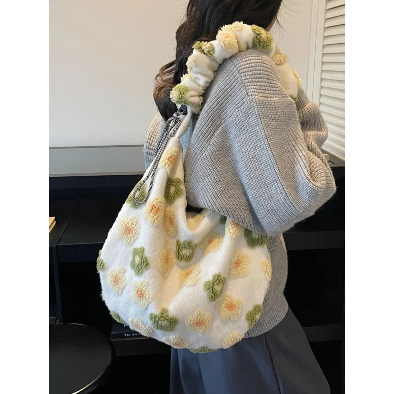 Floral Plush Dumpling Crossbody Bag – Large Capacity Women