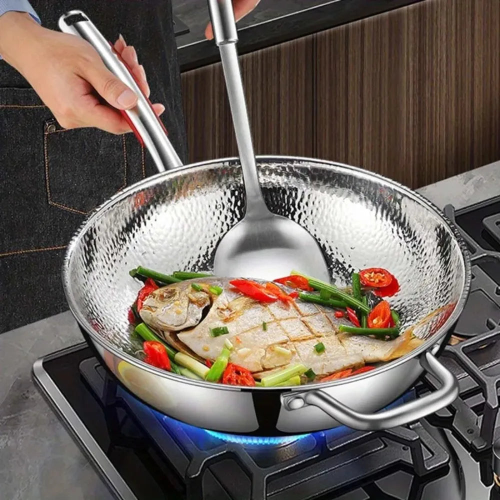FEB.WIND Uncoated Stainless Steel Wok Flat Bottom Frying Pan