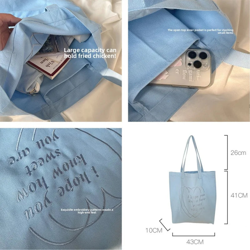 Korean Heart Embroidery Canvas Tote Bag – Large Capacity