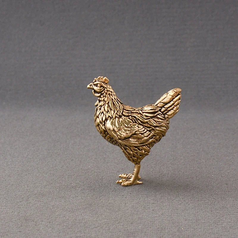 Solid Brass Rooster & Hen Miniature Statue Desk Ornament