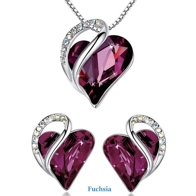 Love Heart Crystal Stud Earrings & Pendant Necklace Set