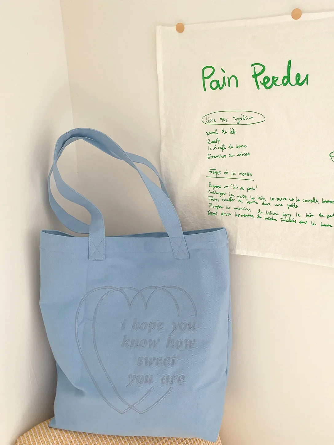 Korean Heart Embroidery Canvas Tote Bag – Large Capacity