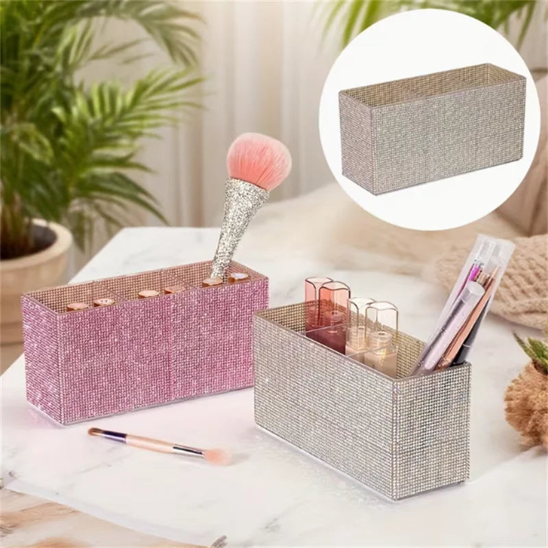 Rhinestone Makeup Brush Organizer – 3-Compartment Acrylic Box