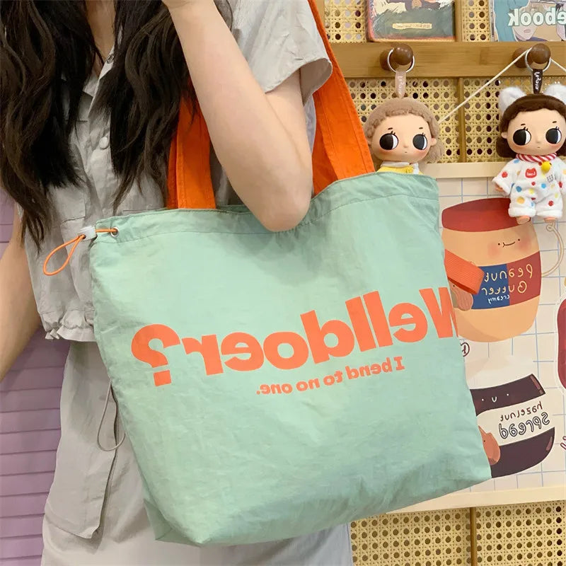 Korean Color-Block Canvas Tote Bag – Large Drawstring Shoulder Bag
