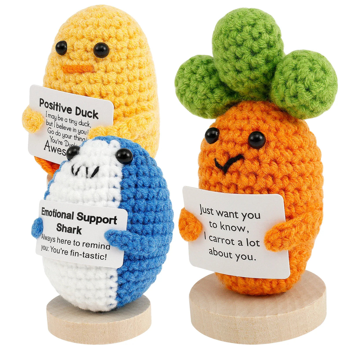 3 Handmade Crochet Animal Dolls with Motivational Cards & Wood Bases