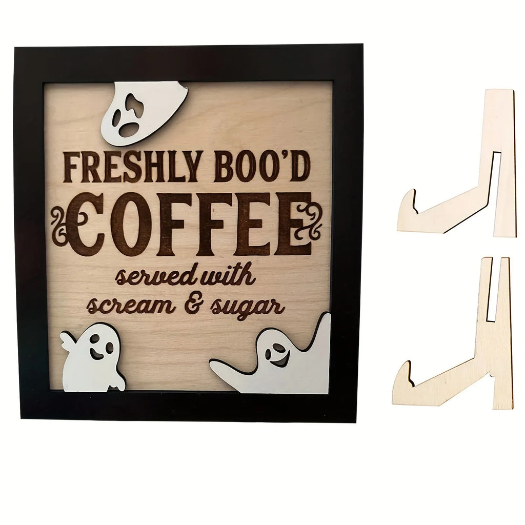 3D Wooden "Fresh Boo Coffee" Halloween Sign | Ghost Décor