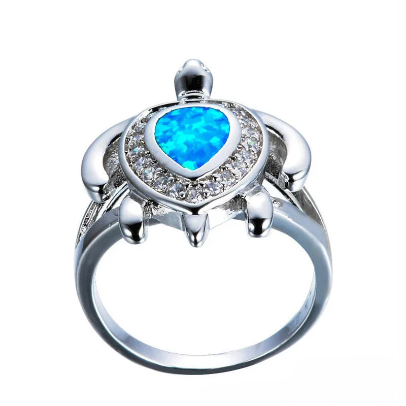 Women's Silver Turtle Blue Simulated Opal Ring Sizes 6–10
