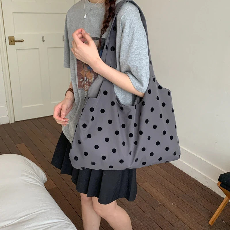 Korean Polka Dot Canvas Tote Bag – Retro Minimalist Shoulder Bag