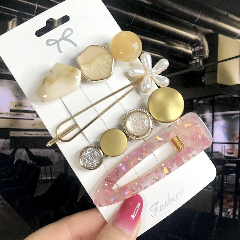 Pearl Crystal Hair Clips Set – Korean Geometric Barrettes