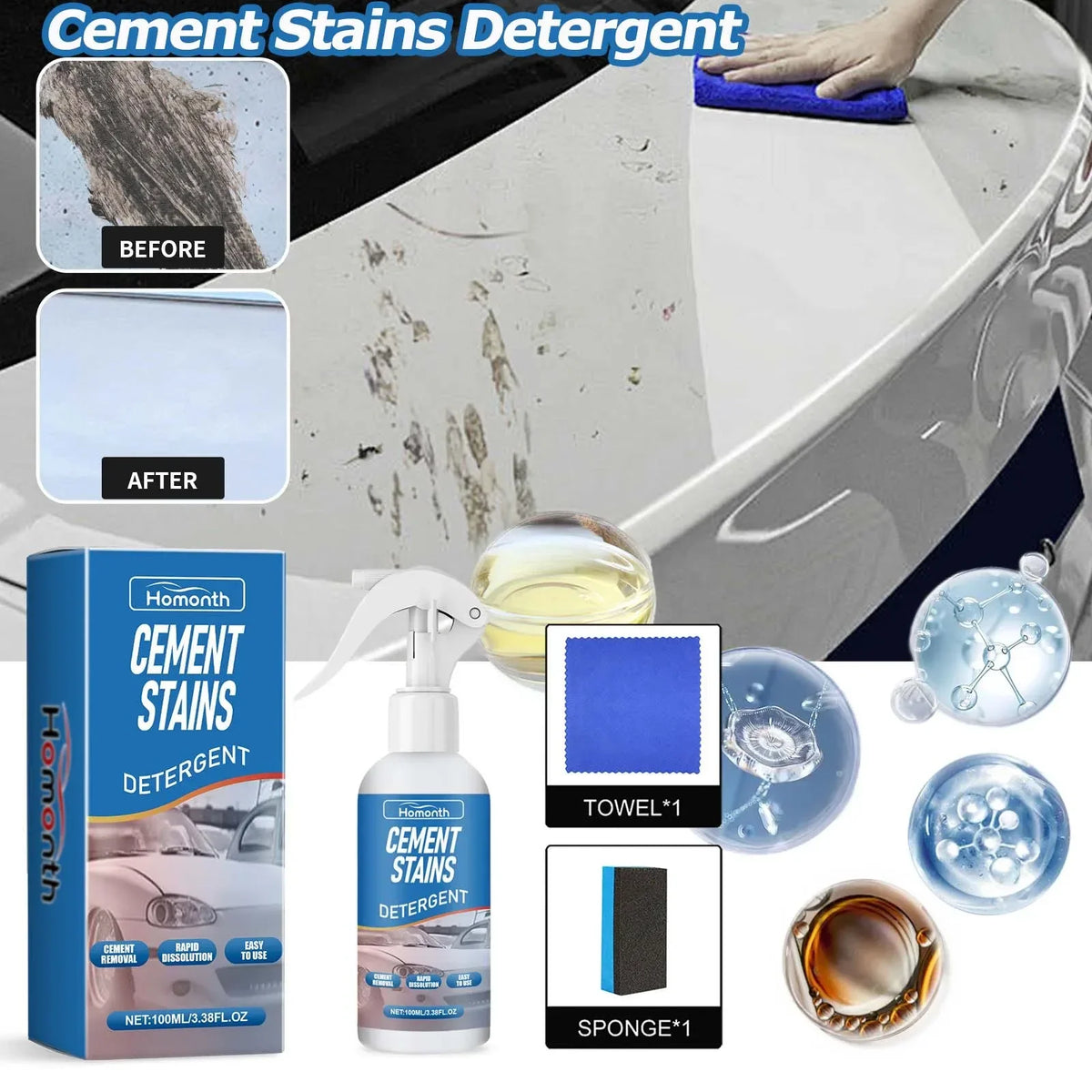 Homonth 100ml Car Cement Stain Remover Spray Kit | Auto Detailing