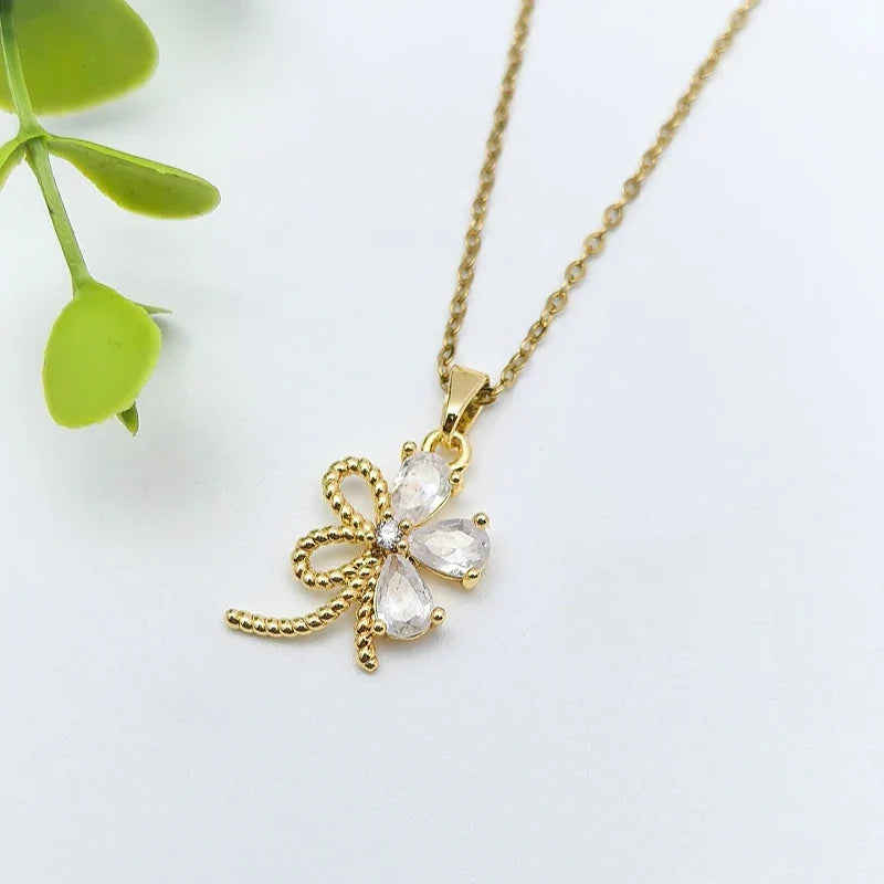 Floral Copper Pendant Necklace | Gold Zircon Collarbone Chain