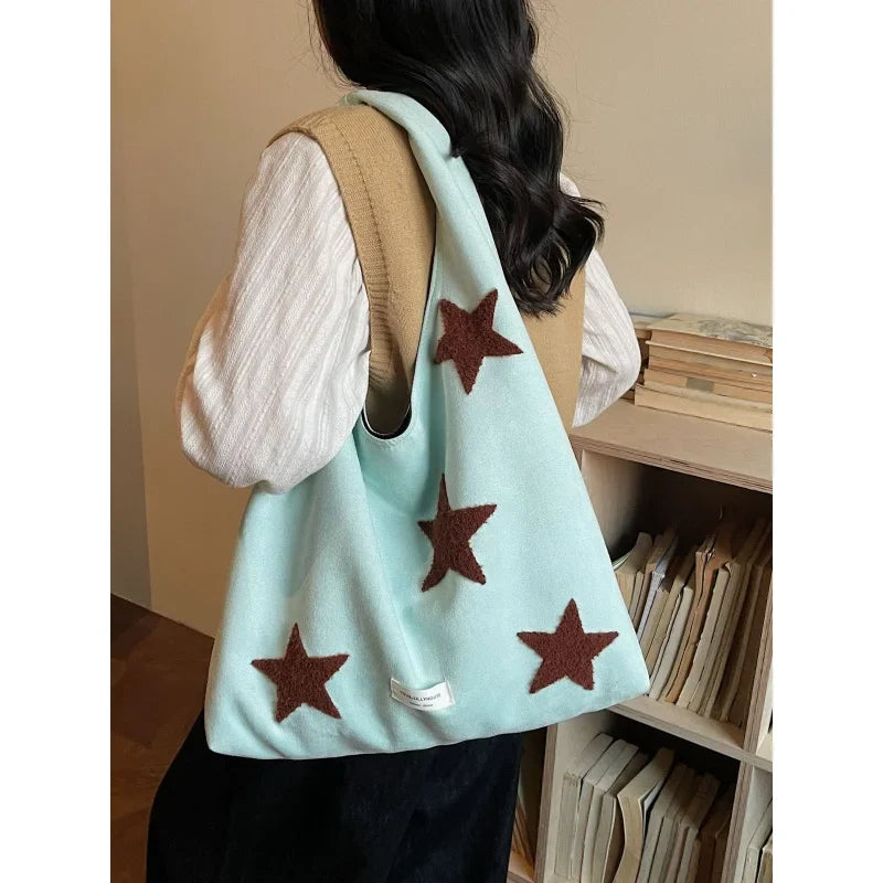 Korean Star-Embroidered Tote Bag – Large Flannel Shoulder Bag