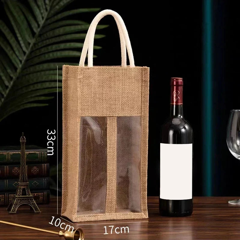 Linen Wine Gift Bag with Window & Handle – Single or Double Bottle