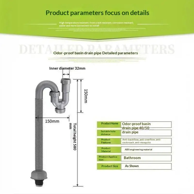 Flexible S-Trap Sink Drain Pipe PP Anti-Odor Hose Fitting