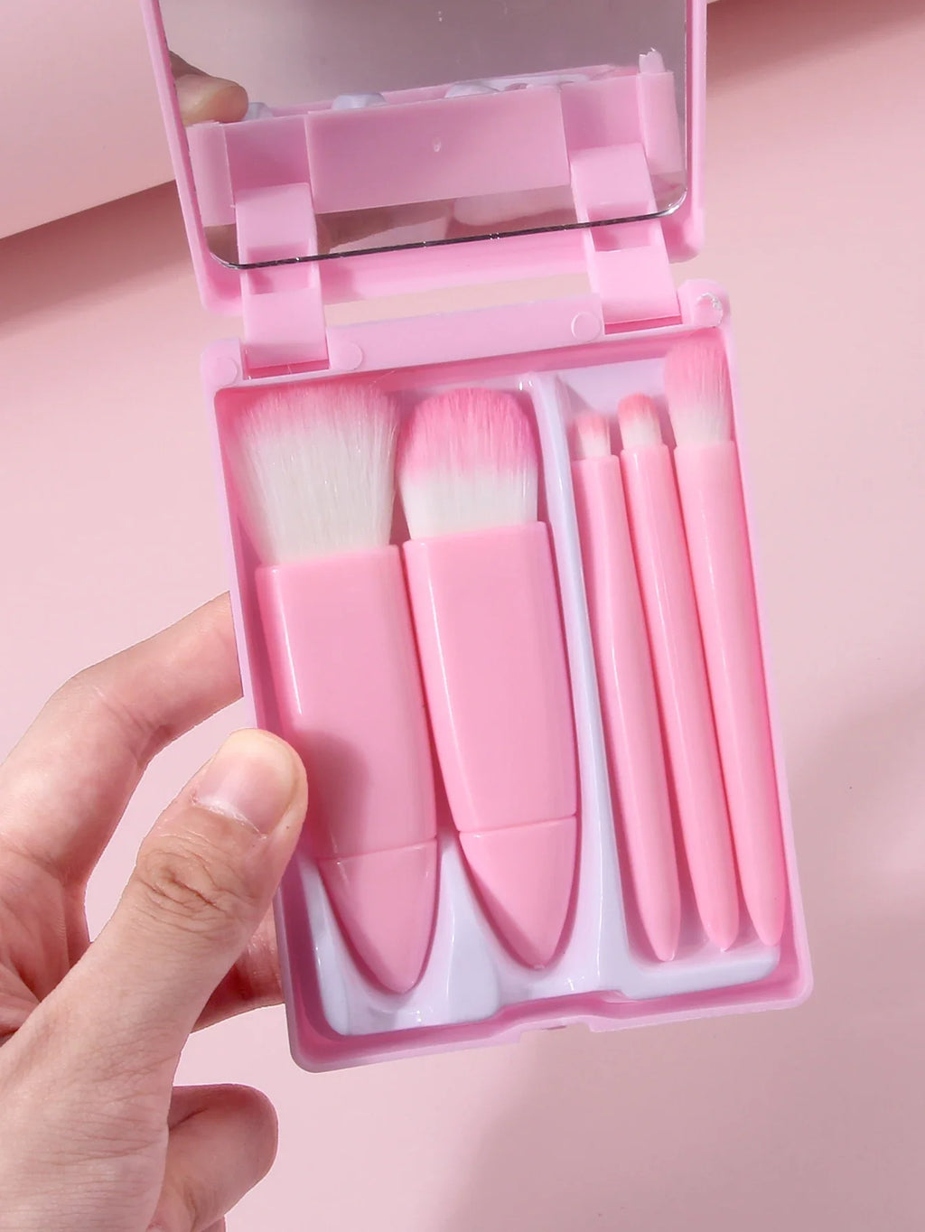 Pink Makeup Brush Set with Mirror – 7-Piece Travel Beauty Kit
