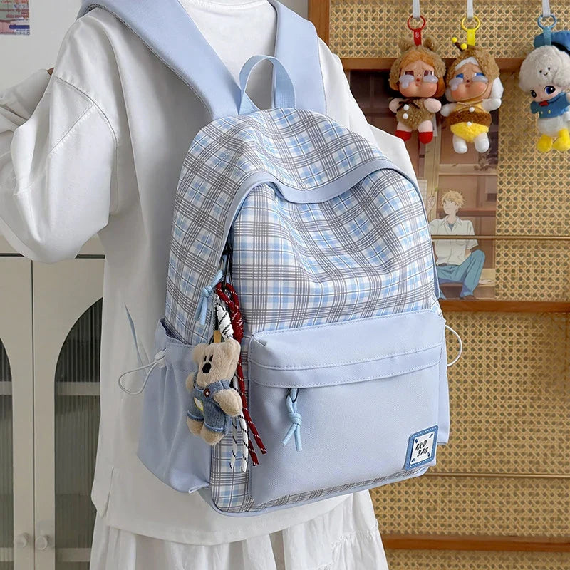 Korean Plaid Large Capacity Backpack for Women | School & Travel