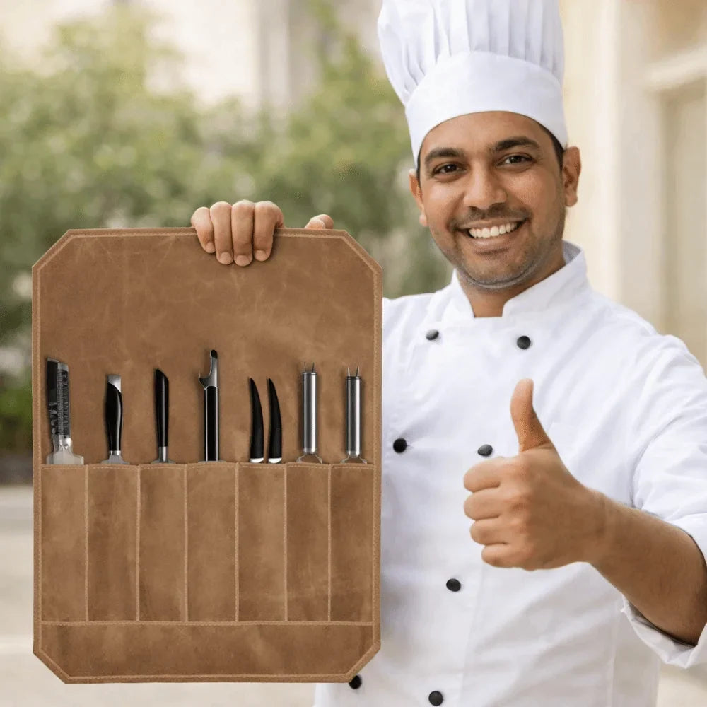 Wax Canvas Roll-Up Chef Tool Bag – 7 Slots Knife Roll