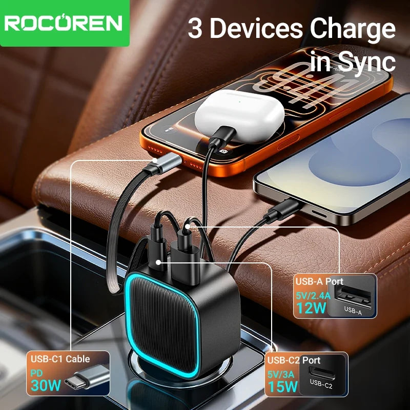 Rocoren 3-in-1 PD 30W Retractable Car Charger 2C+A Ports
