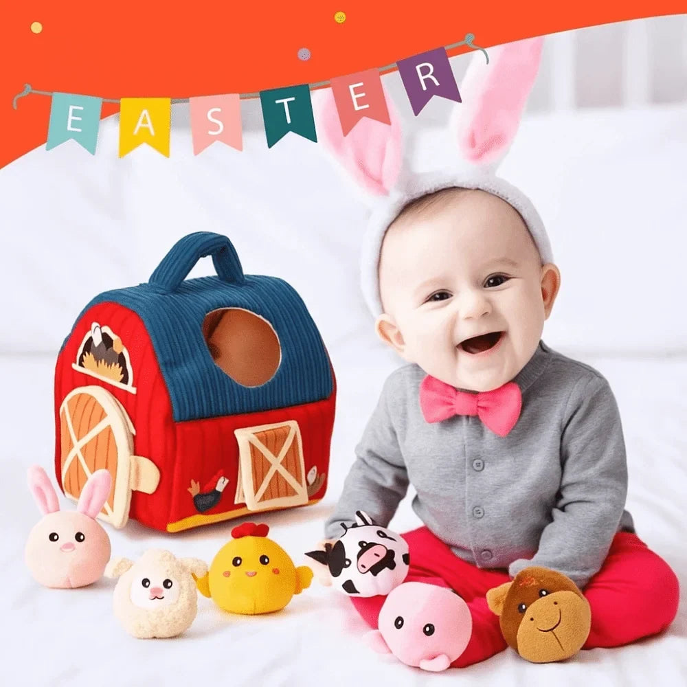 Plush Farm Barn Baby Toy Set – Montessori Sensory 6–12 Months