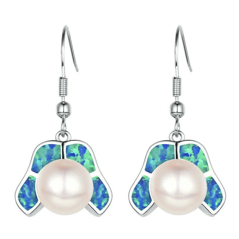 White Pearl Simulated Opal Silver Dangle Drop Earrings