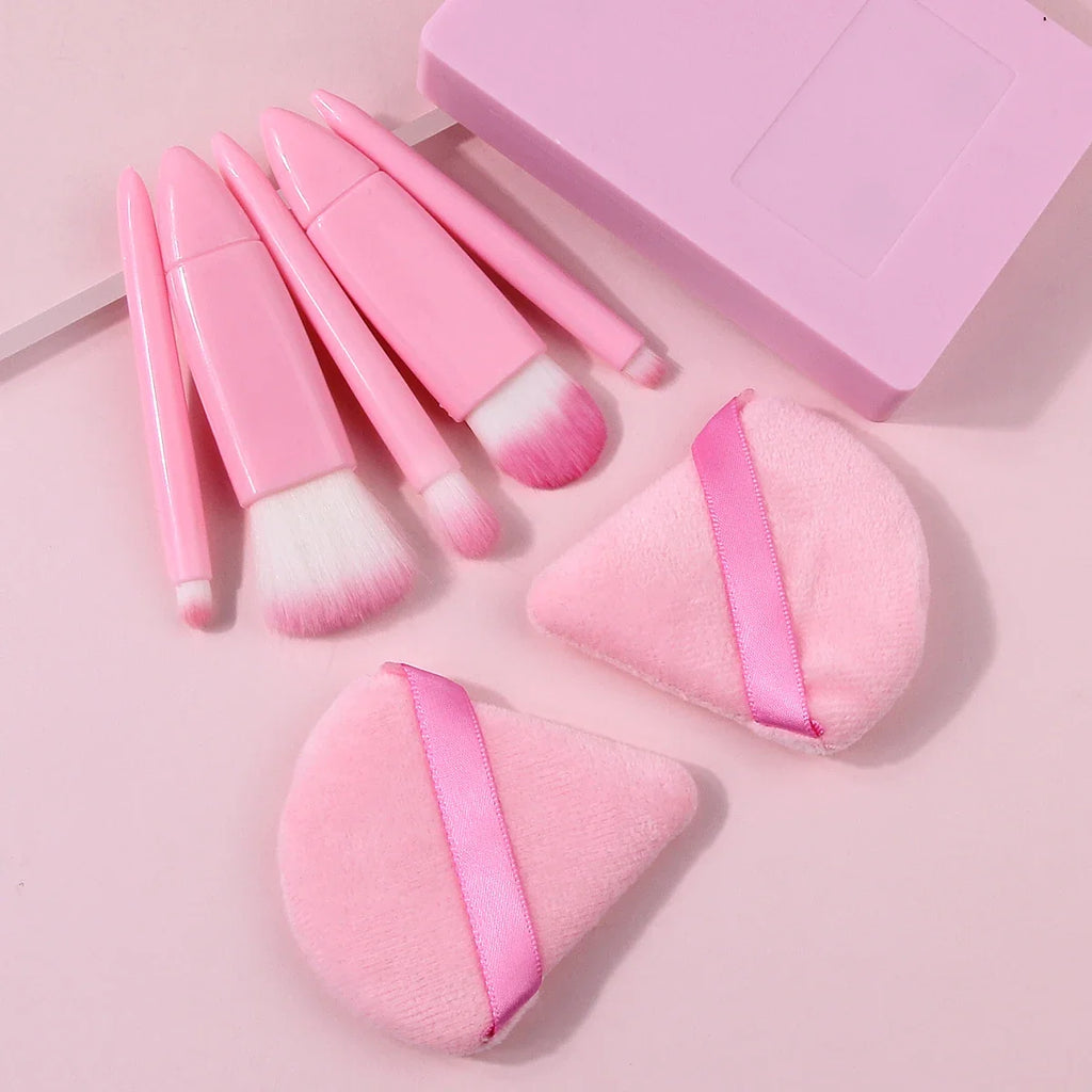 Pink Makeup Brush Set with Mirror – 7-Piece Travel Beauty Kit