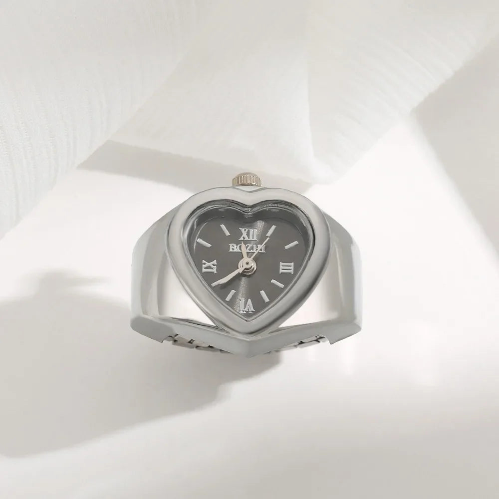 Retro Heart Shape Ring Watch – Stainless Steel Quartz Clock