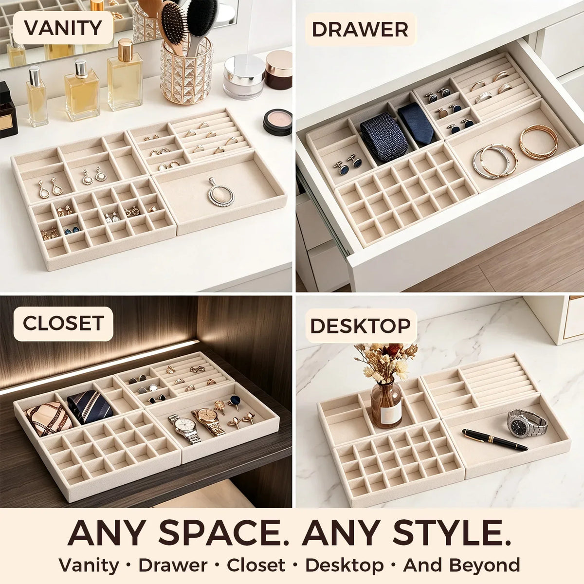 4-Piece Velvet Jewelry Tray Set – Stackable Drawer Organizer