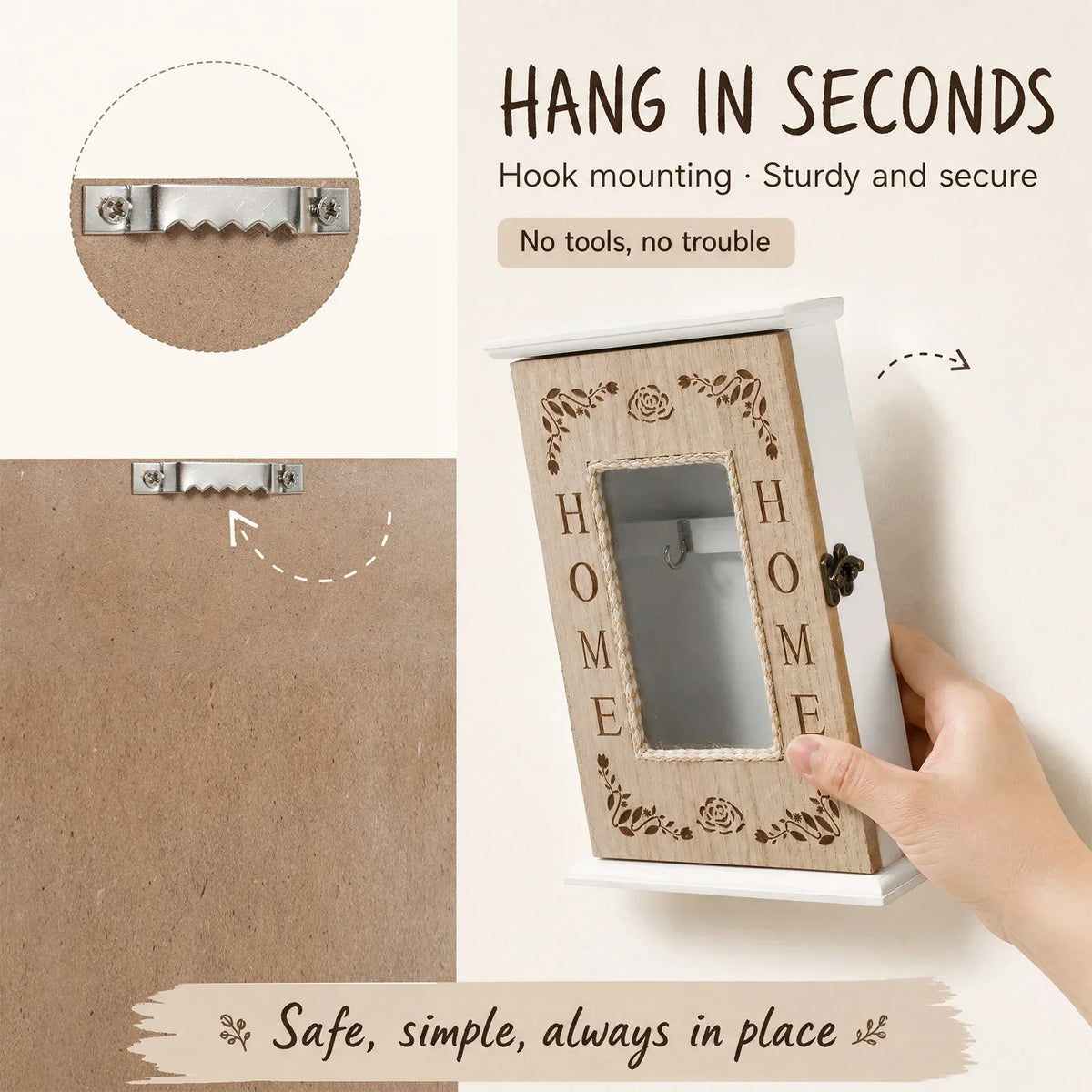Vintage Wood Wall Key Holder with 5 Hooks | Home Entryway