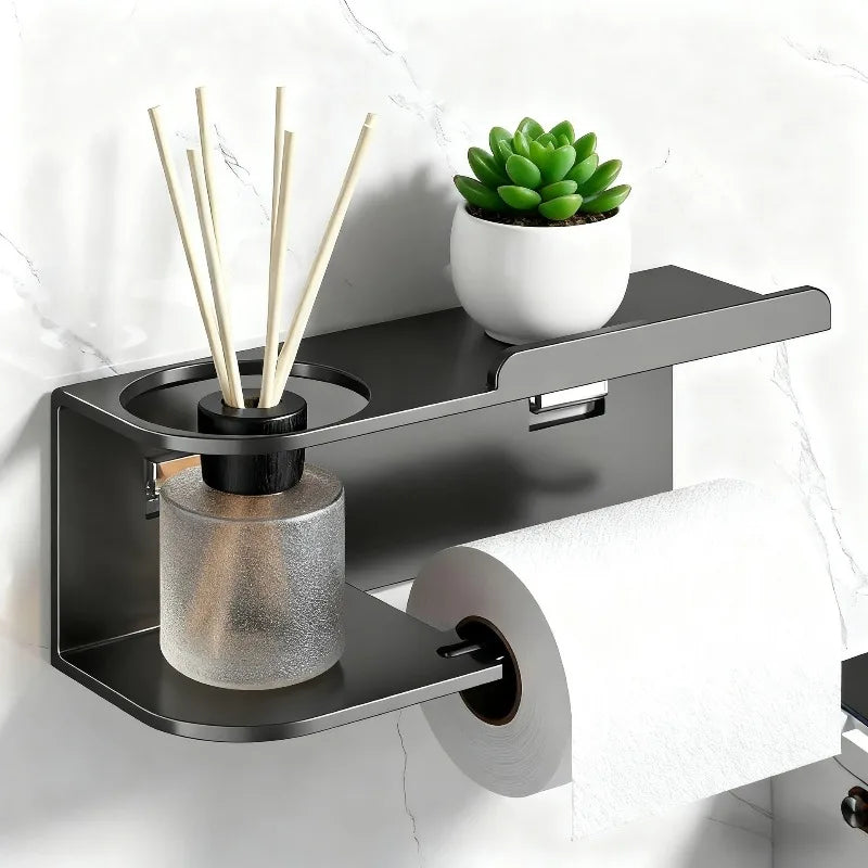 Wall-Mounted Toilet Paper Holder with Storage Shelf | Steel