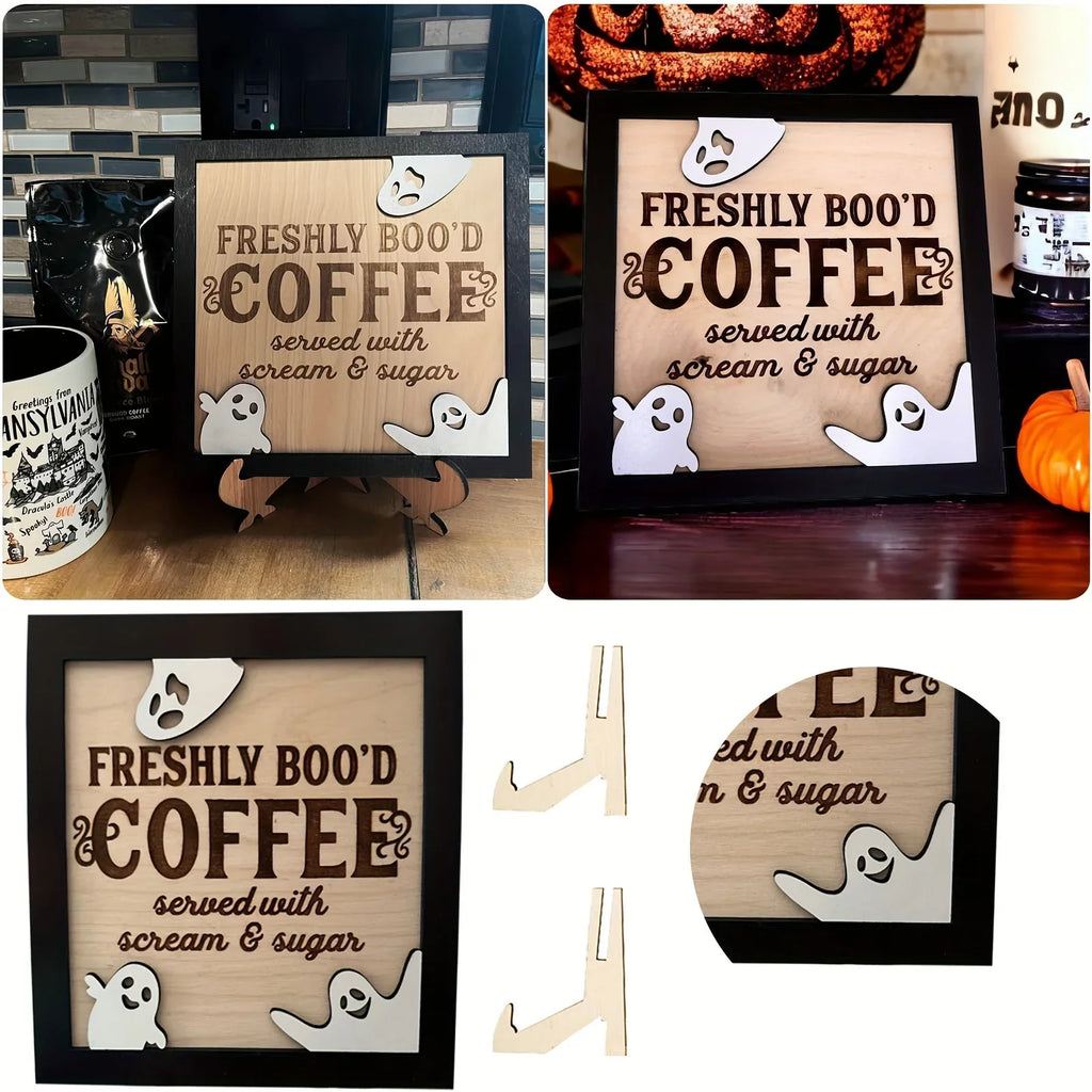 3D Wooden "Fresh Boo Coffee" Halloween Sign | Ghost Décor