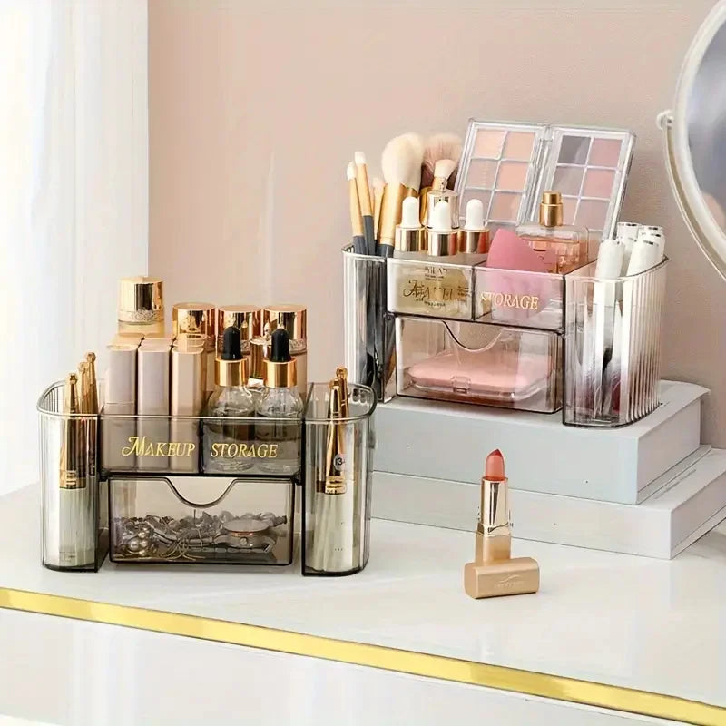 Multi-Tier Transparent Makeup Organizer with Drawers