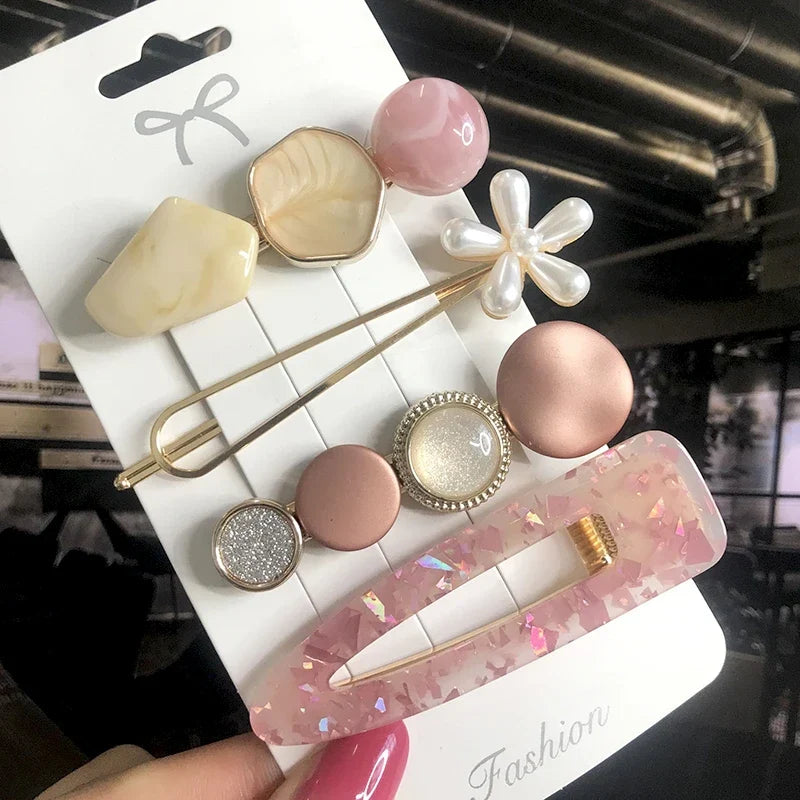 Pearl Crystal Hair Clips Set – Korean Geometric Barrettes